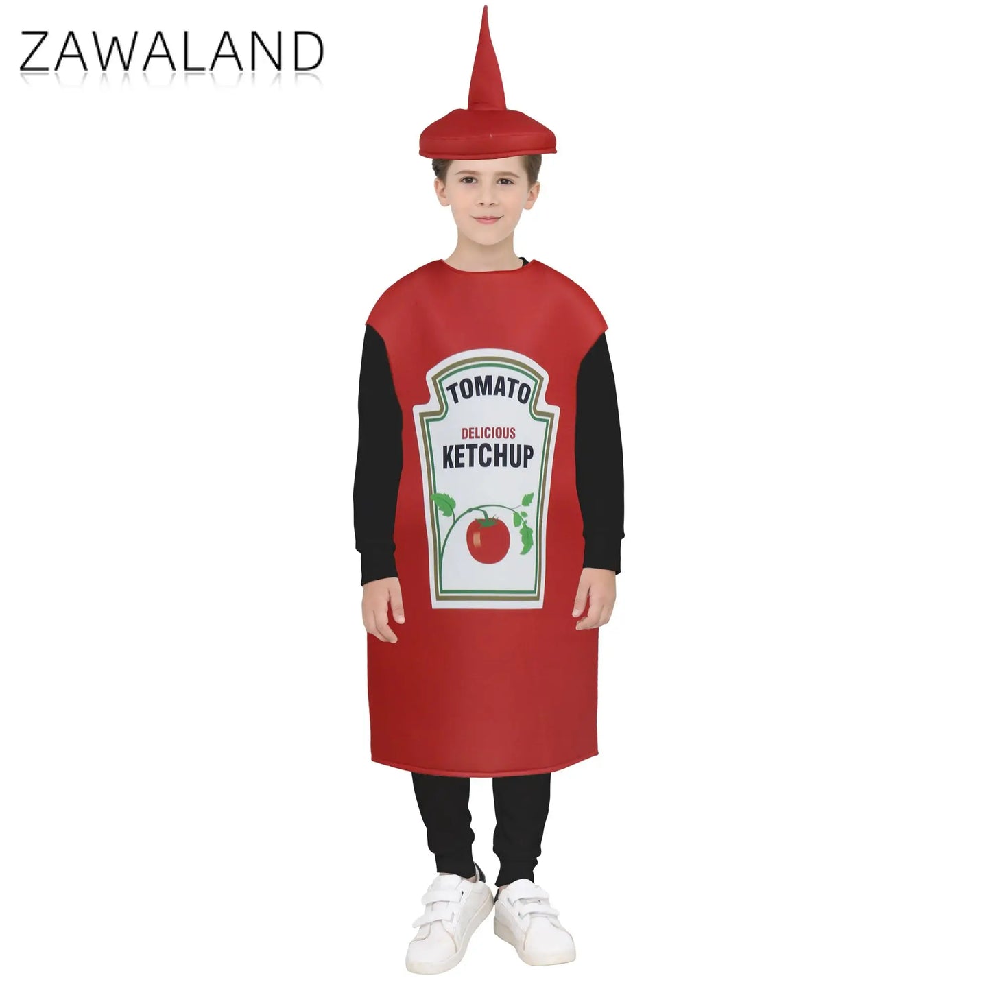 Zawaland Red Tomato Delicious Ketchup Costume Adult Boy Girl Funny Disguise Suit Yellow Mustard Halloween Cosplay Party Clothes