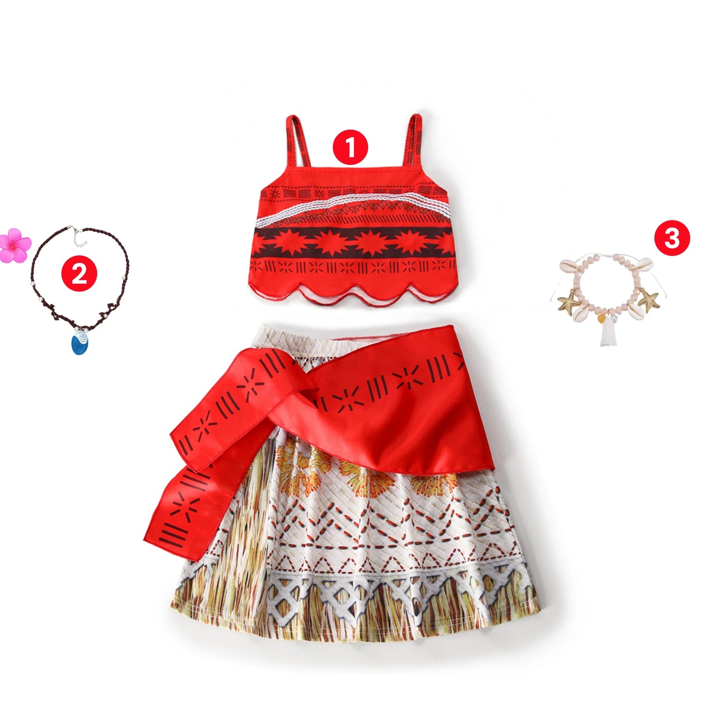 Movie Mona Dress for Kids Girls Princess Viana Cosplay Children Birthday Party Halloween Necklace Pet Pig Chicken Set Full Print