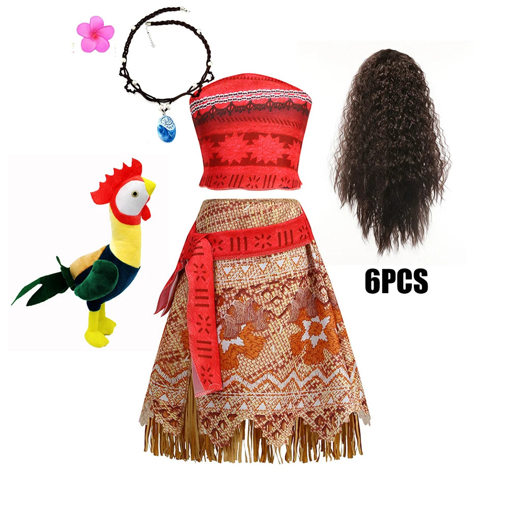 Movie Mona Dress for Kids Girls Princess Viana Cosplay Children Birthday Party Halloween Necklace Pet Pig Chicken Set Full Print