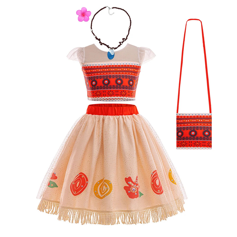 Movie Mona Dress for Kids Girls Princess Viana Cosplay Children Birthday Party Halloween Necklace Pet Pig Chicken Set Full Print