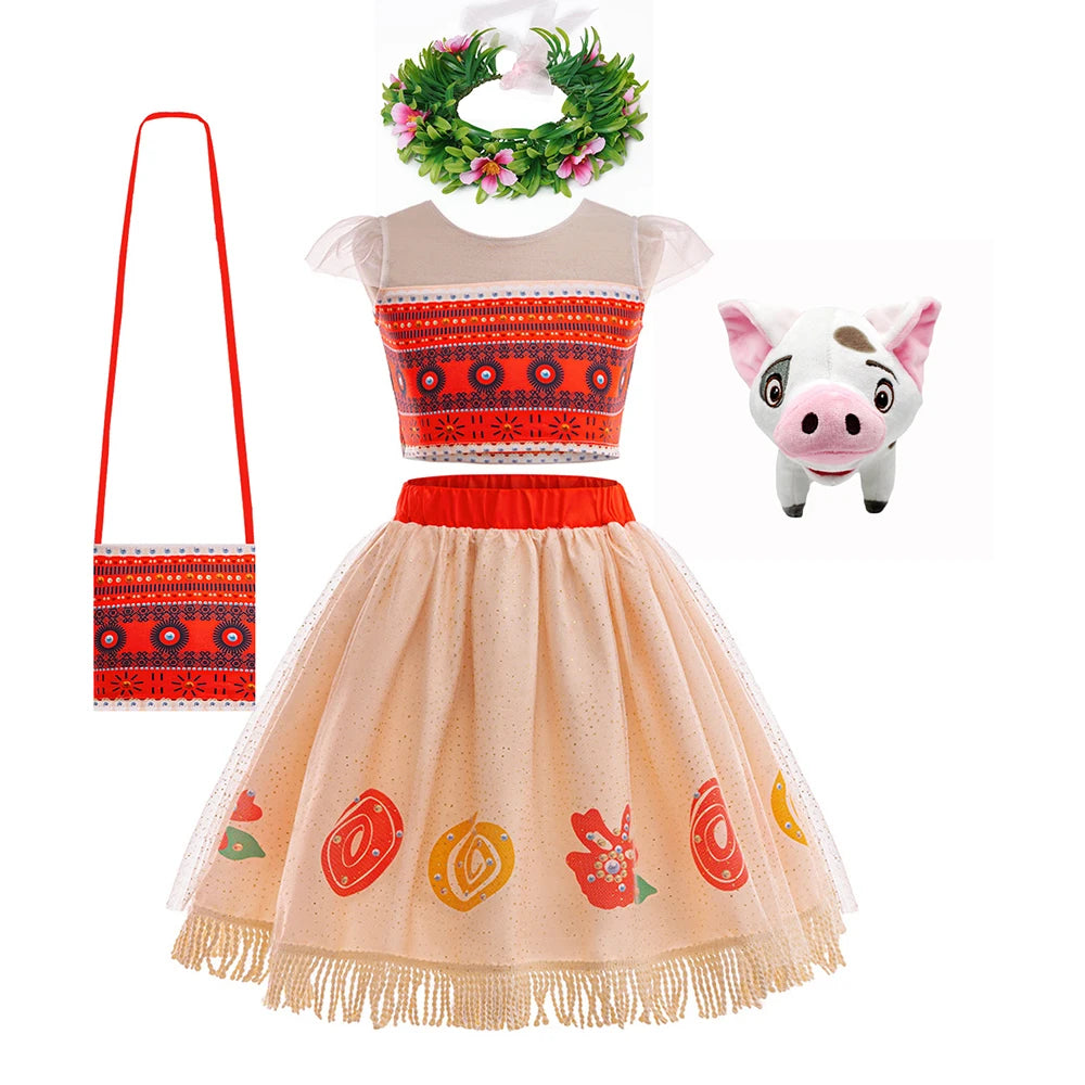 Movie Mona Dress for Kids Girls Princess Viana Cosplay Children Birthday Party Halloween Necklace Pet Pig Chicken Set Full Print