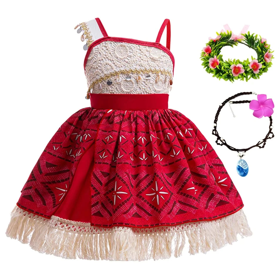 Movie Mona Dress for Kids Girls Princess Viana Cosplay Children Birthday Party Halloween Necklace Pet Pig Chicken Set Full Print