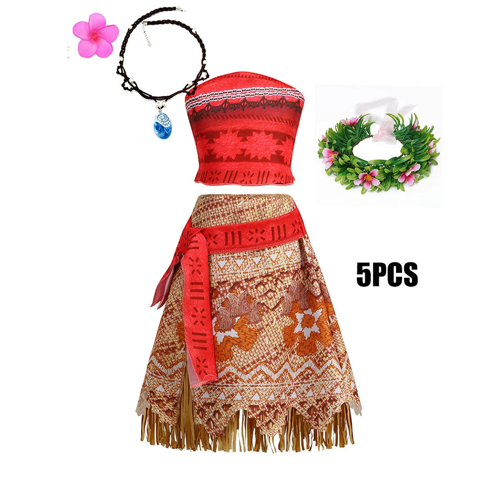 Movie Mona Dress for Kids Girls Princess Viana Cosplay Children Birthday Party Halloween Necklace Pet Pig Chicken Set Full Print