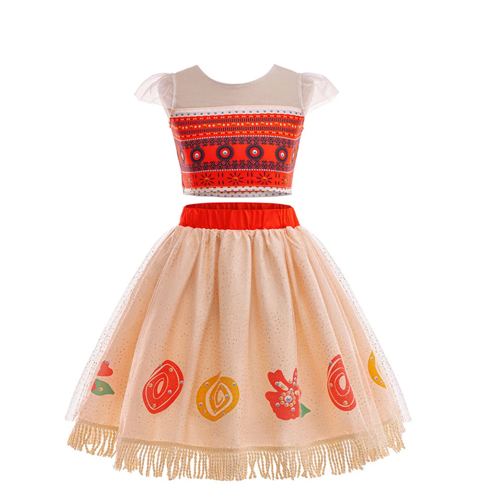 Movie Mona Dress for Kids Girls Princess Viana Cosplay Children Birthday Party Halloween Necklace Pet Pig Chicken Set Full Print