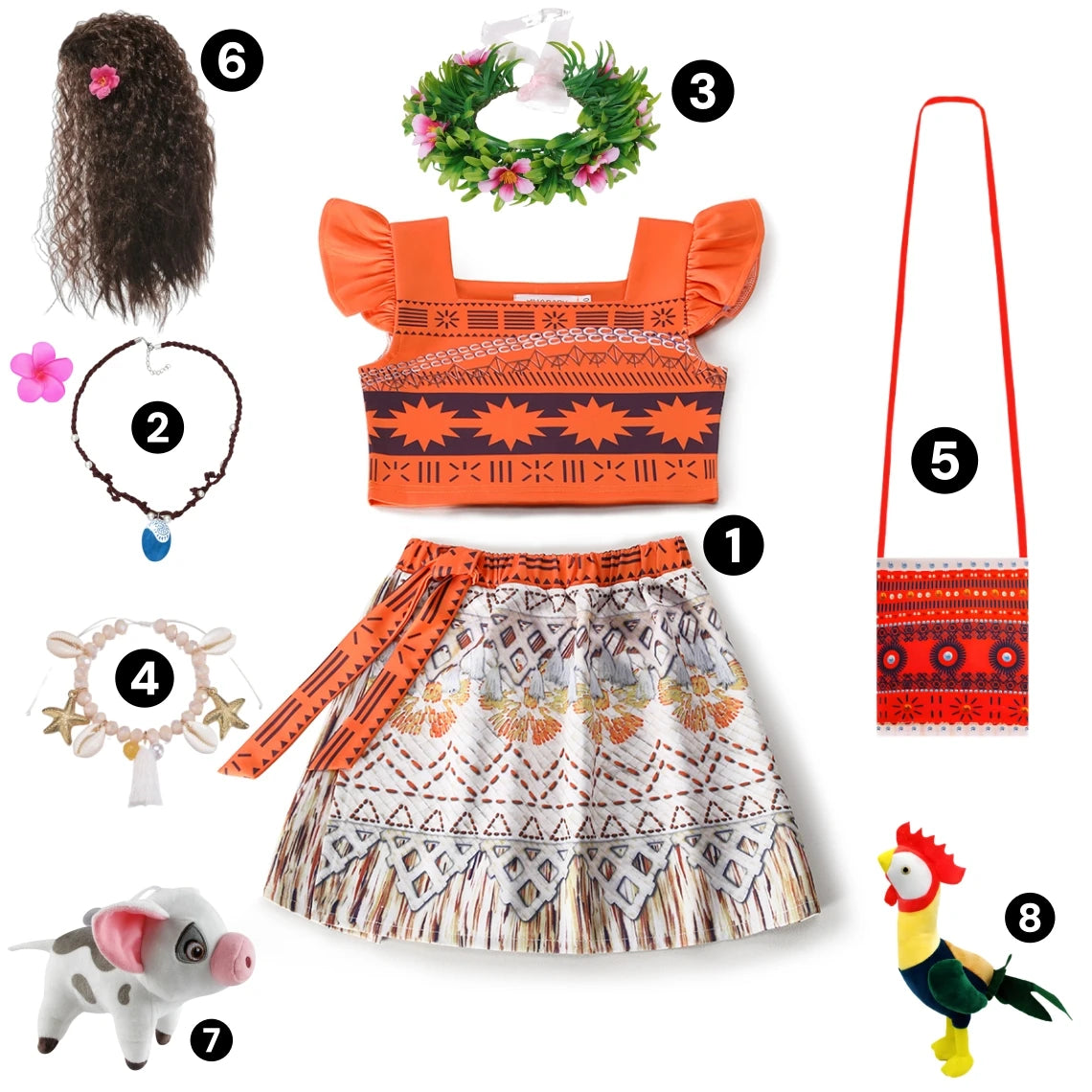Movie Mona Dress for Kids Girls Princess Viana Cosplay Children Birthday Party Halloween Necklace Pet Pig Chicken Set Full Print