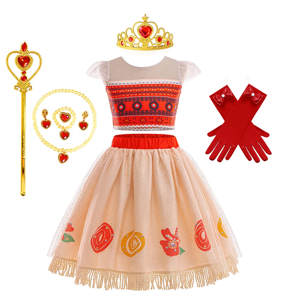Movie Mona Dress for Kids Girls Princess Viana Cosplay Children Birthday Party Halloween Necklace Pet Pig Chicken Set Full Print