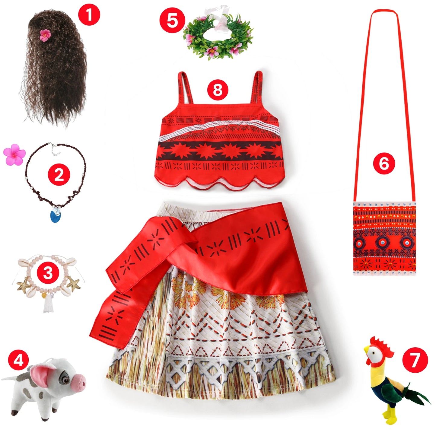 Movie Mona Dress for Kids Girls Princess Viana Cosplay Children Birthday Party Halloween Necklace Pet Pig Chicken Set Full Print