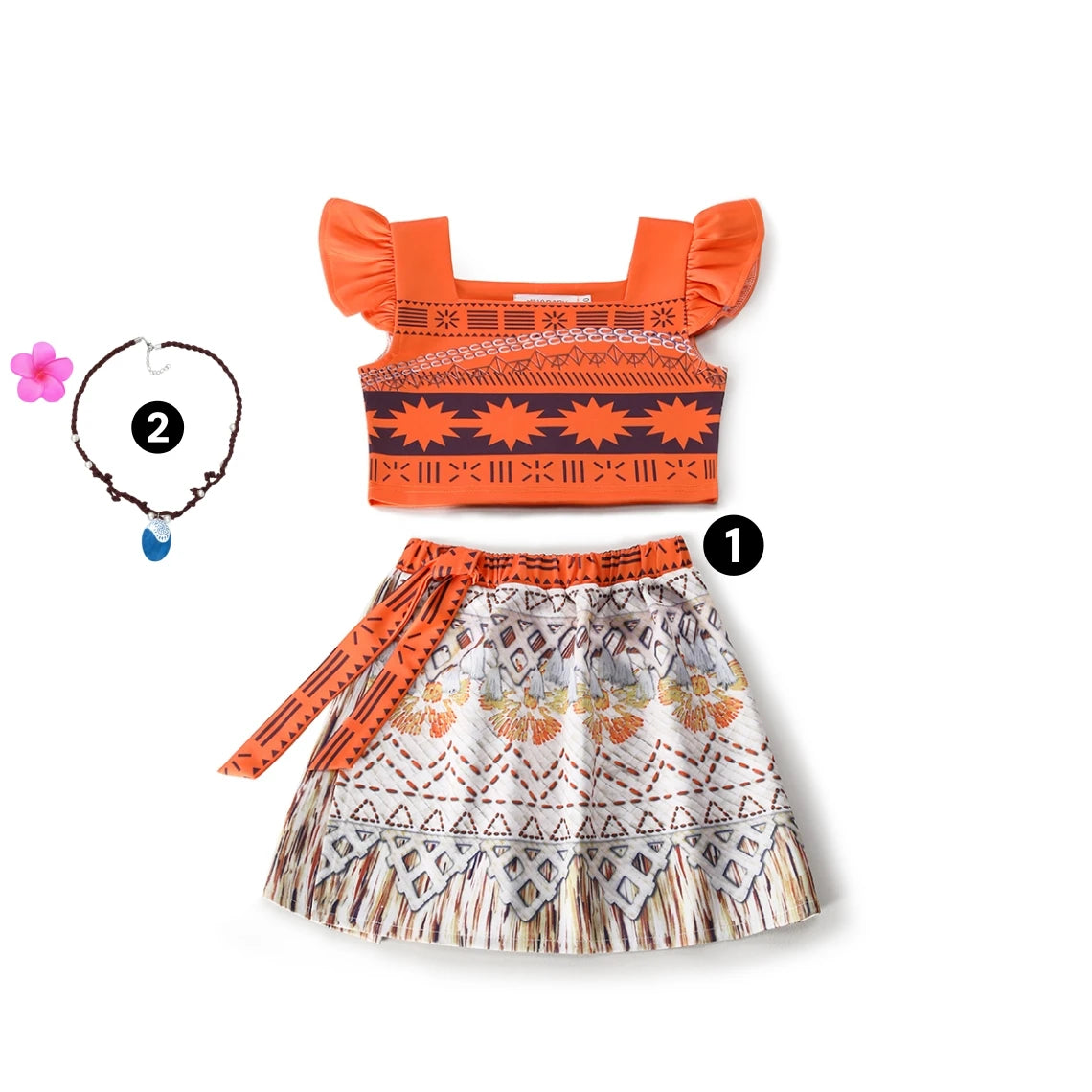Movie Mona Dress for Kids Girls Princess Viana Cosplay Children Birthday Party Halloween Necklace Pet Pig Chicken Set Full Print