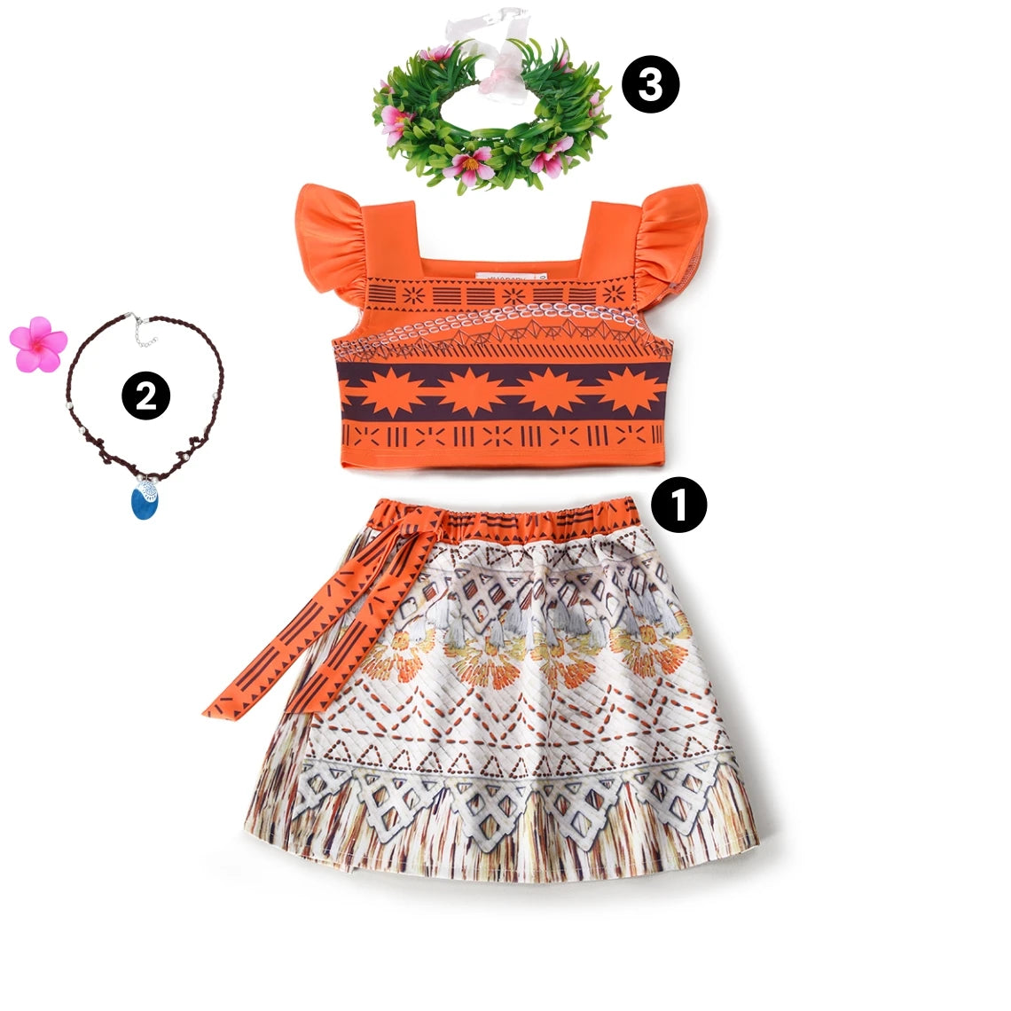 Movie Mona Dress for Kids Girls Princess Viana Cosplay Children Birthday Party Halloween Necklace Pet Pig Chicken Set Full Print