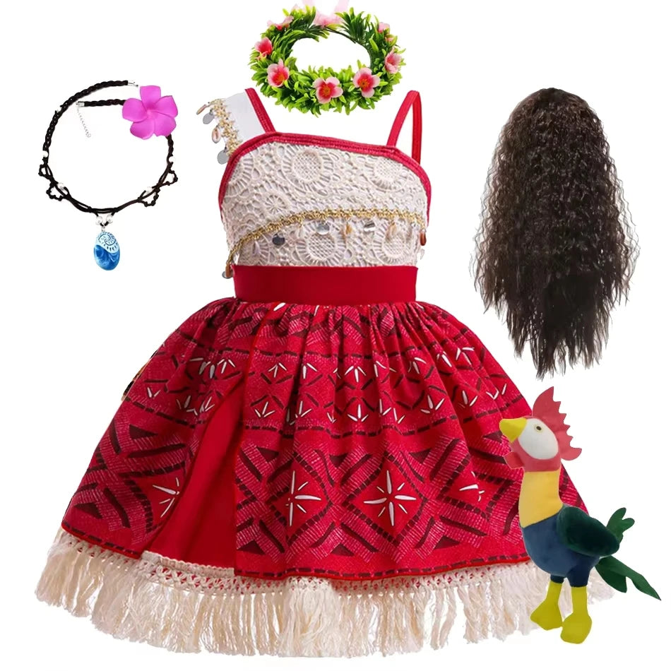 Movie Mona Dress for Kids Girls Princess Viana Cosplay Children Birthday Party Halloween Necklace Pet Pig Chicken Set Full Print