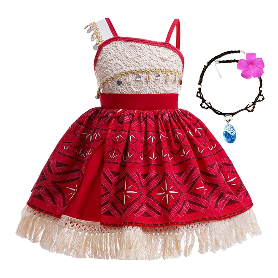 Movie Mona Dress for Kids Girls Princess Viana Cosplay Children Birthday Party Halloween Necklace Pet Pig Chicken Set Full Print