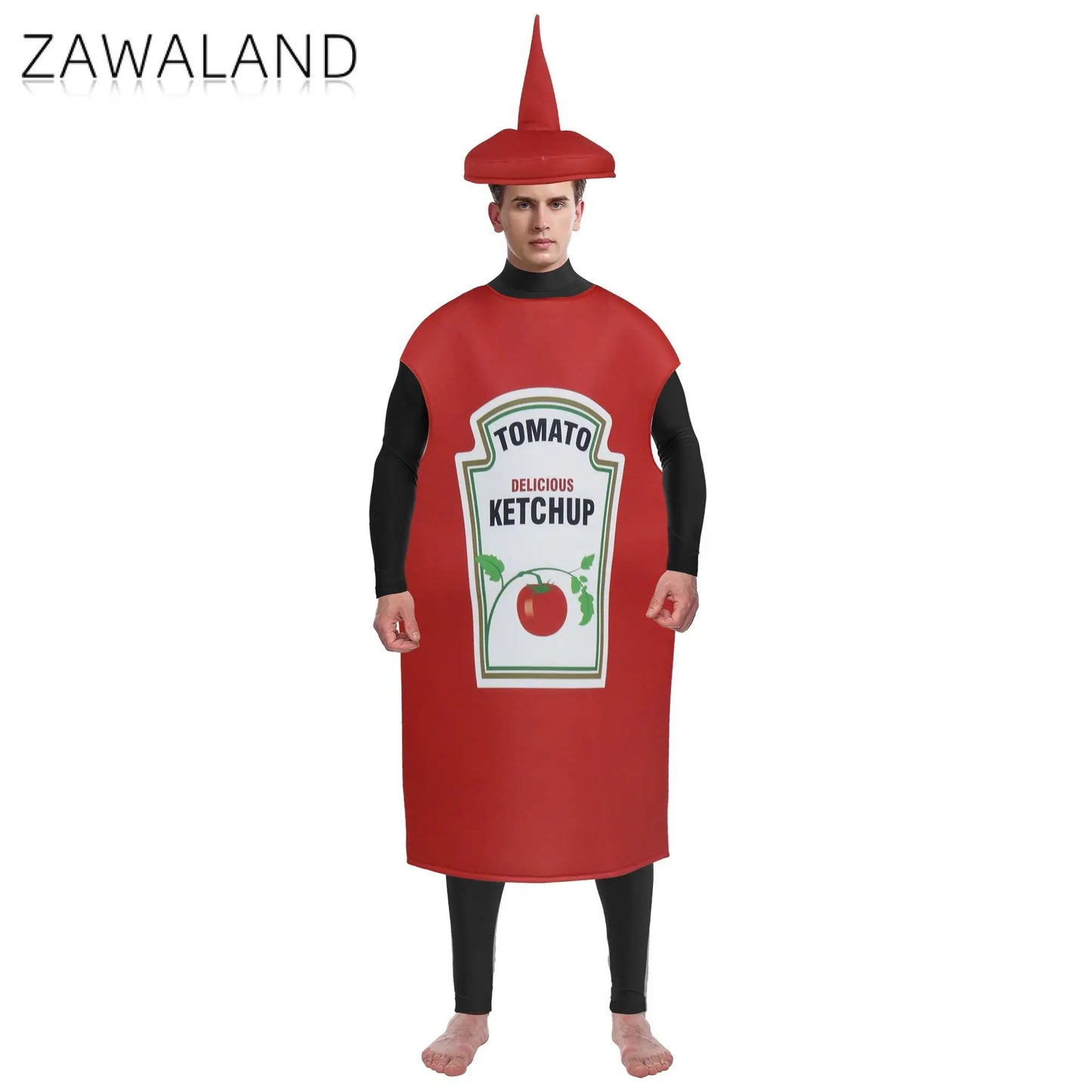 Zawaland Red Tomato Delicious Ketchup Costume Adult Boy Girl Funny Disguise Suit Yellow Mustard Halloween Cosplay Party Clothes