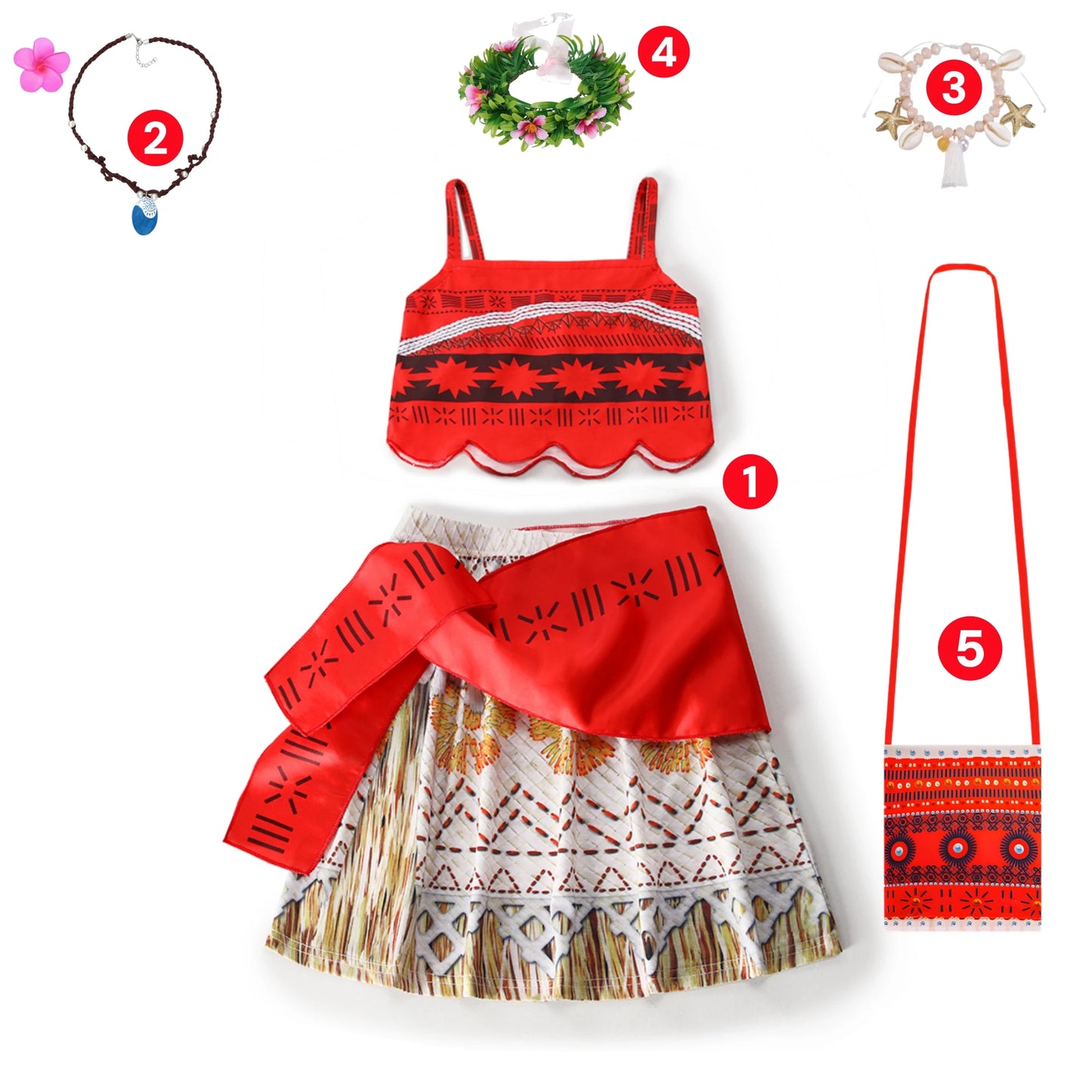 Movie Mona Dress for Kids Girls Princess Viana Cosplay Children Birthday Party Halloween Necklace Pet Pig Chicken Set Full Print