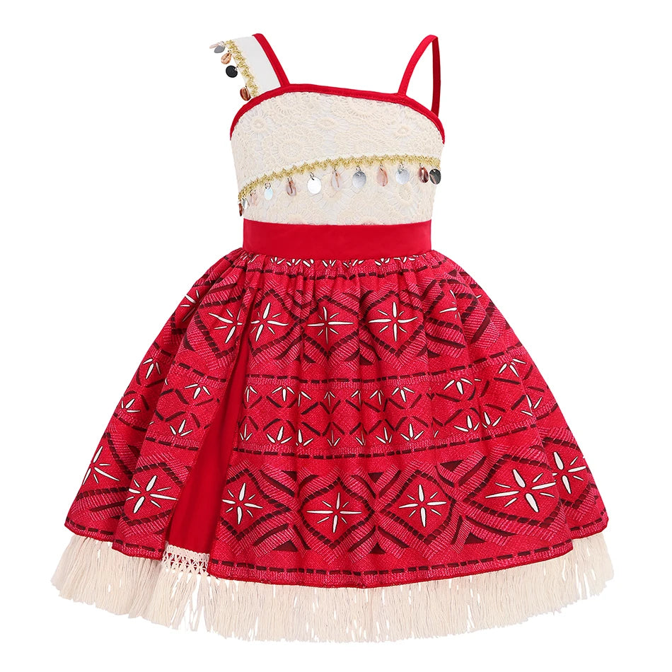 Movie Mona Dress for Kids Girls Princess Viana Cosplay Children Birthday Party Halloween Necklace Pet Pig Chicken Set Full Print