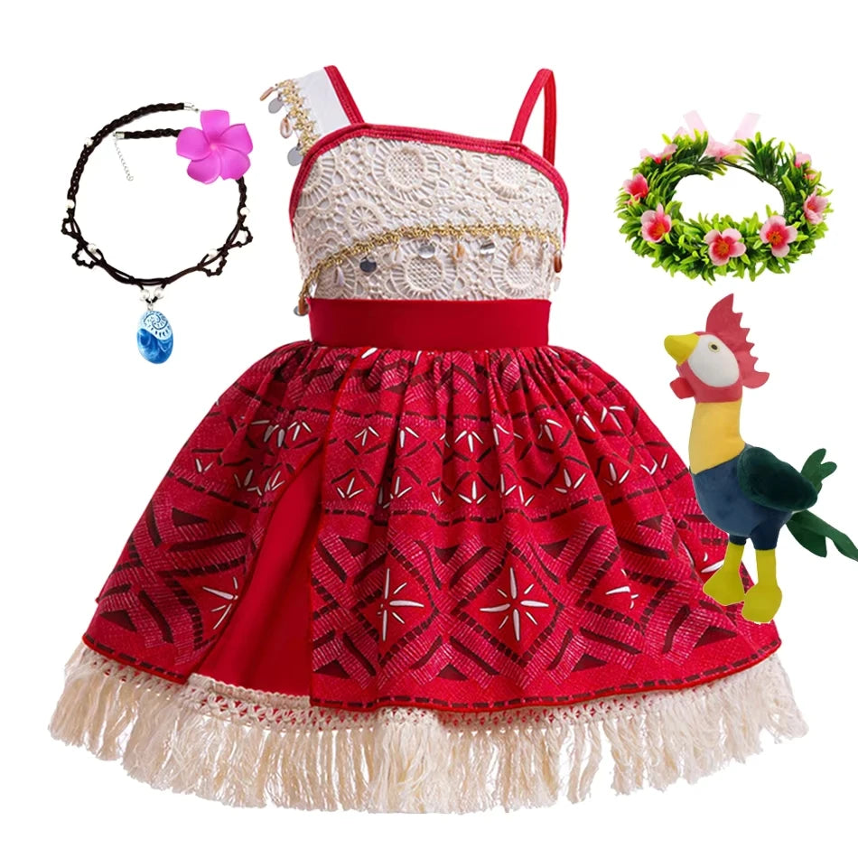 Movie Mona Dress for Kids Girls Princess Viana Cosplay Children Birthday Party Halloween Necklace Pet Pig Chicken Set Full Print