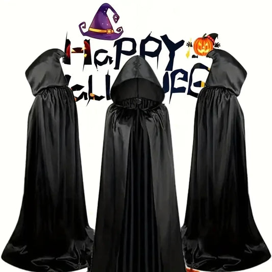 Halloween Cloak Soft Unisex Hooded Black Robe Witch Long Cape Cosplay Costume Prop Party Performance Supplies Holiday Decoration