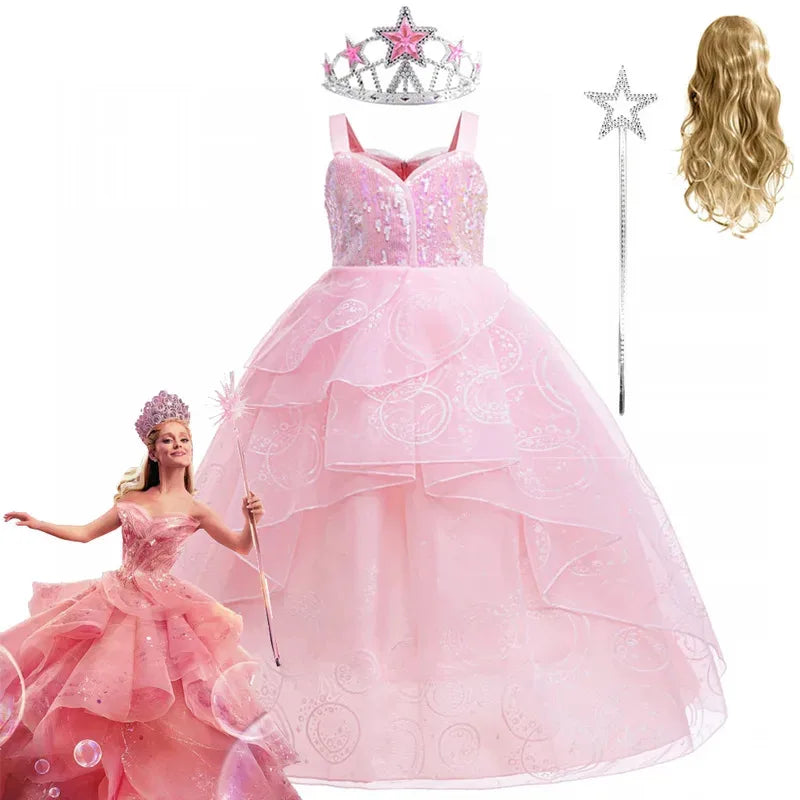 Kids Wicked Galinda Princess Dress Pink Fancy Birthday Party Dress Up Gown for Girls Halloween Carnival Cosplay Costumes