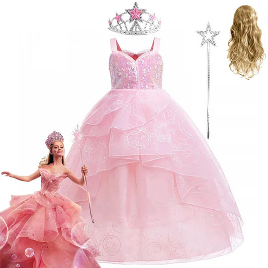 Kids Wicked Galinda Princess Dress Pink Fancy Birthday Party Dress Up Gown for Girls Halloween Carnival Cosplay Costumes