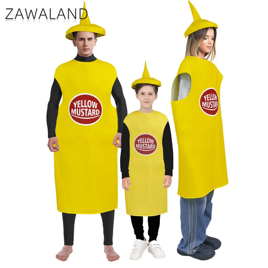 Zawaland Red Tomato Delicious Ketchup Costume Adult Boy Girl Funny Disguise Suit Yellow Mustard Halloween Cosplay Party Clothes
