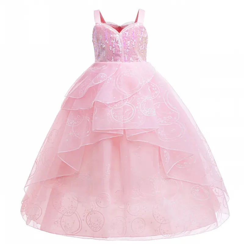 Kids Wicked Galinda Princess Dress Pink Fancy Birthday Party Dress Up Gown for Girls Halloween Carnival Cosplay Costumes
