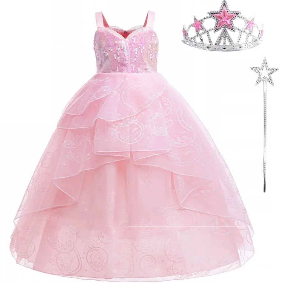 Kids Wicked Galinda Princess Dress Pink Fancy Birthday Party Dress Up Gown for Girls Halloween Carnival Cosplay Costumes