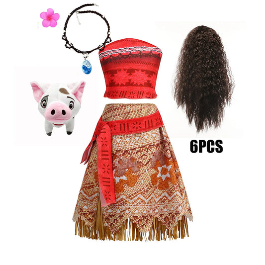 Movie Mona Dress for Kids Girls Princess Viana Cosplay Children Birthday Party Halloween Necklace Pet Pig Chicken Set Full Print