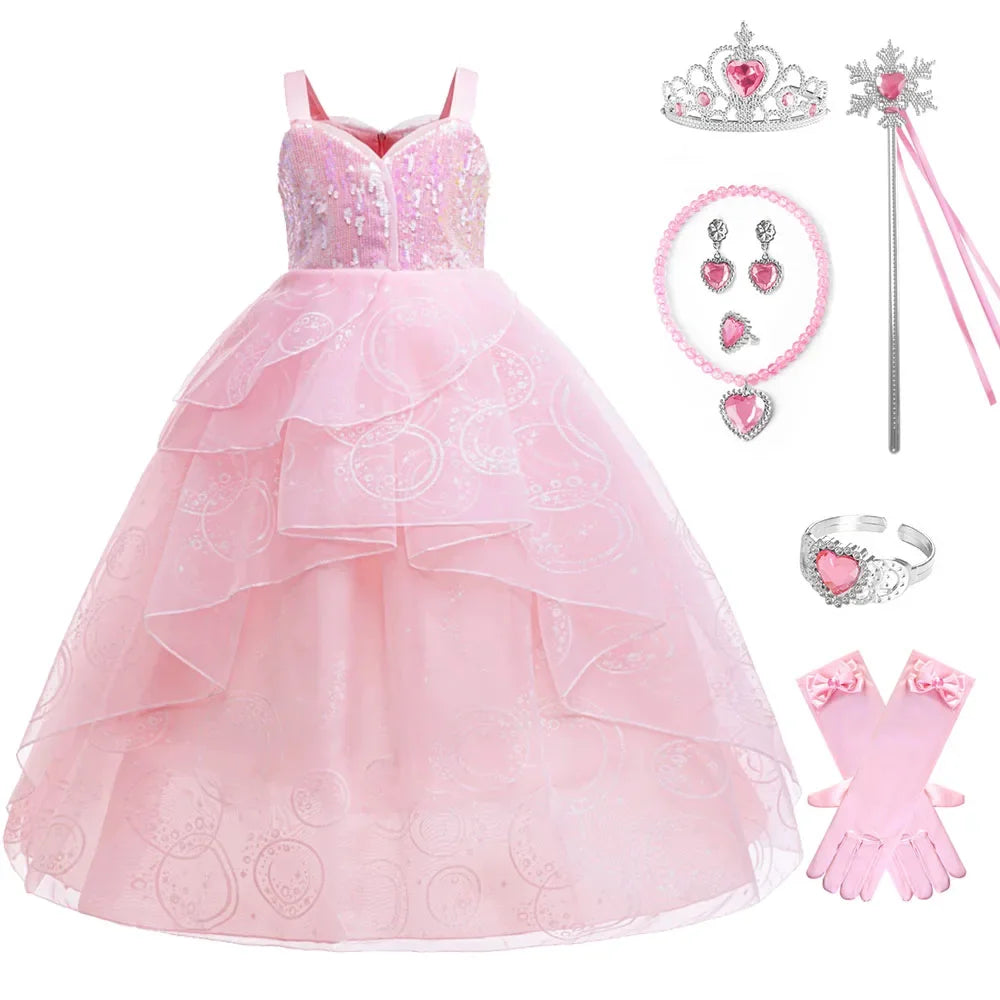 Kids Wicked Galinda Princess Dress Pink Fancy Birthday Party Dress Up Gown for Girls Halloween Carnival Cosplay Costumes
