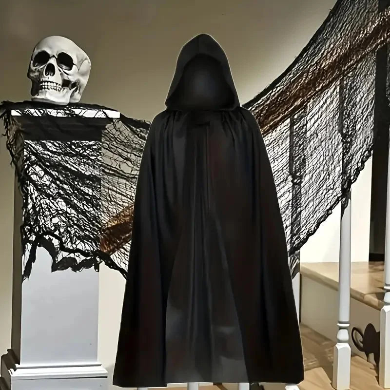 Halloween Cloak Soft Unisex Hooded Black Robe Witch Long Cape Cosplay Costume Prop Party Performance Supplies Holiday Decoration