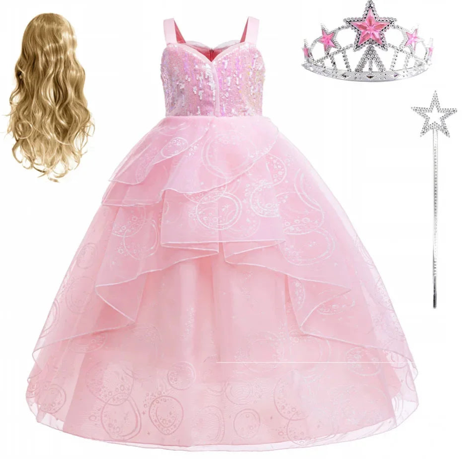 Kids Wicked Galinda Princess Dress Pink Fancy Birthday Party Dress Up Gown for Girls Halloween Carnival Cosplay Costumes