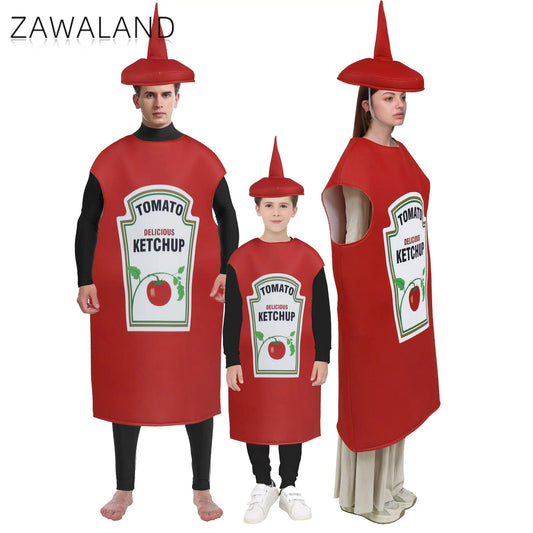 Zawaland Red Tomato Delicious Ketchup Costume Adult Boy Girl Funny Disguise Suit Yellow Mustard Halloween Cosplay Party Clothes